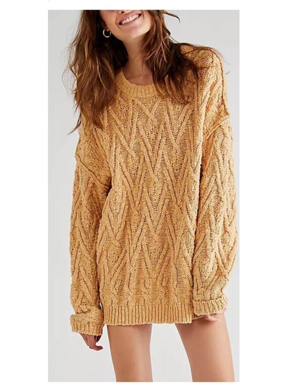 Free People Isla Cable Stitch Chunky Knit Tunic Oversized Sweater Med Camel NWT
